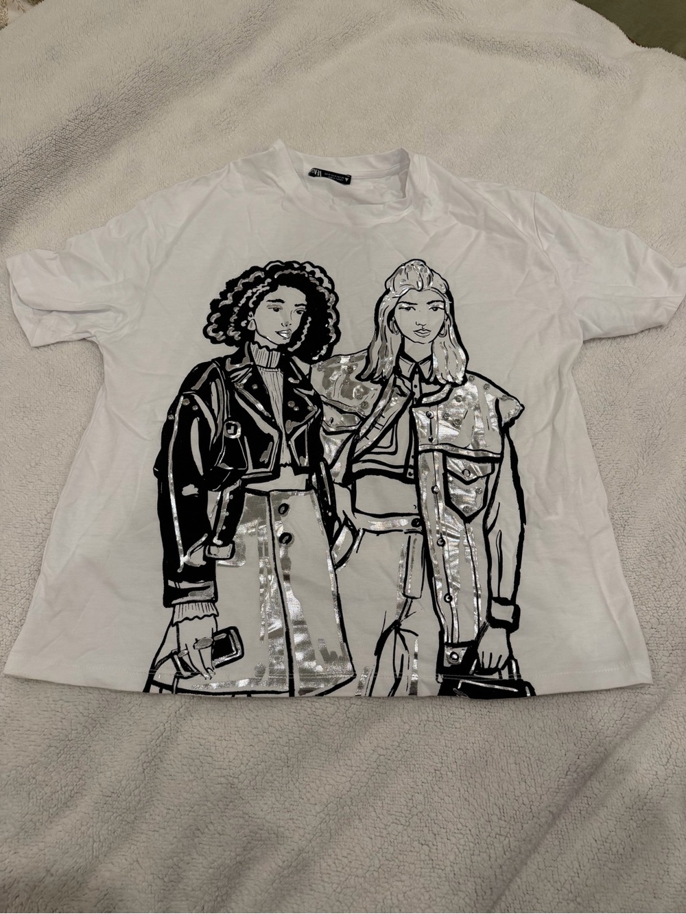 Zara White Short-Sleeve Tee with Black Illustration and Silver Foil